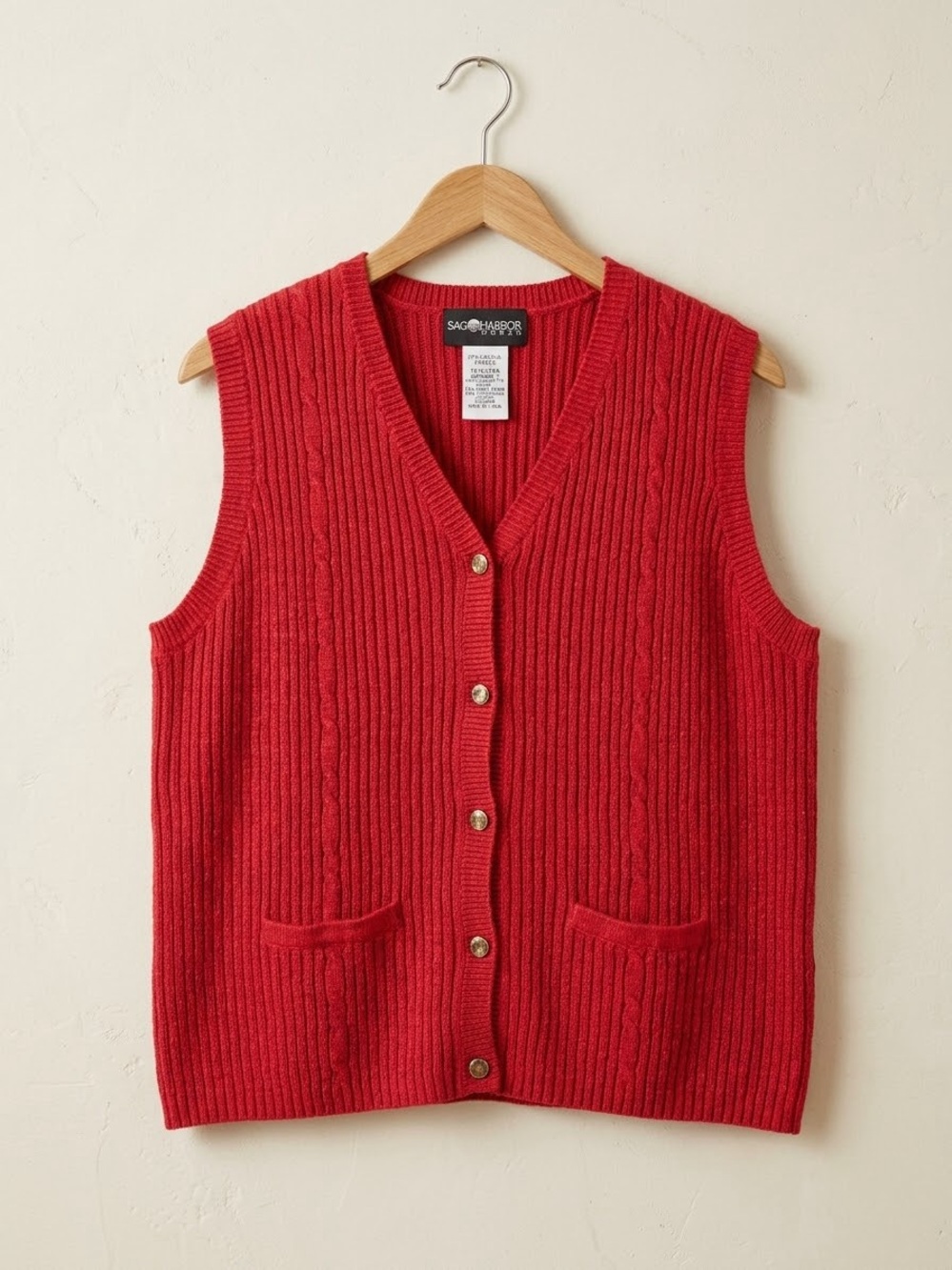 Vintage Red Cable Knit Sweater Vest V Neck Button Front Cardigan Grandmacore 1X